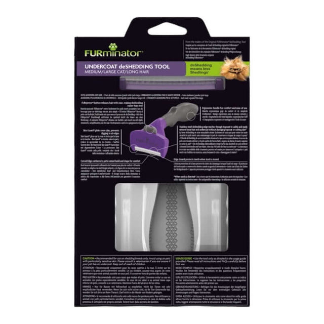 Furminator Undercoat deShedding Tool packaging for long-haired cats, designed to reduce shedding and remove loose hair.