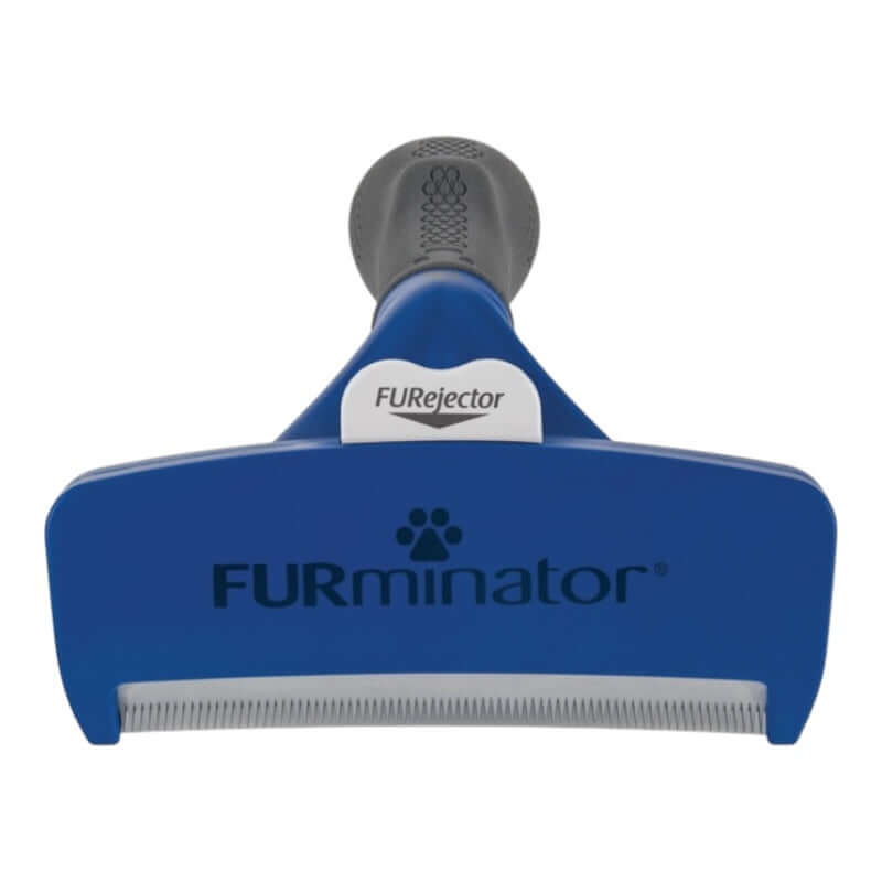Furminator Dog DeShedding Tool with FURejector button for easy hair removal and stainless steel deShedding edge.