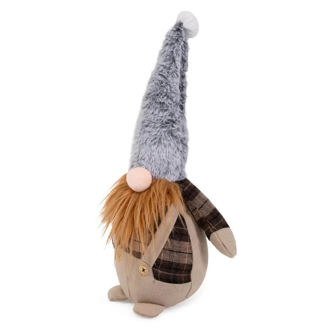 Gerard Gonk holiday dog toy with plaid shirt, overalls, and a hidden squeaky tennis ball for pets.