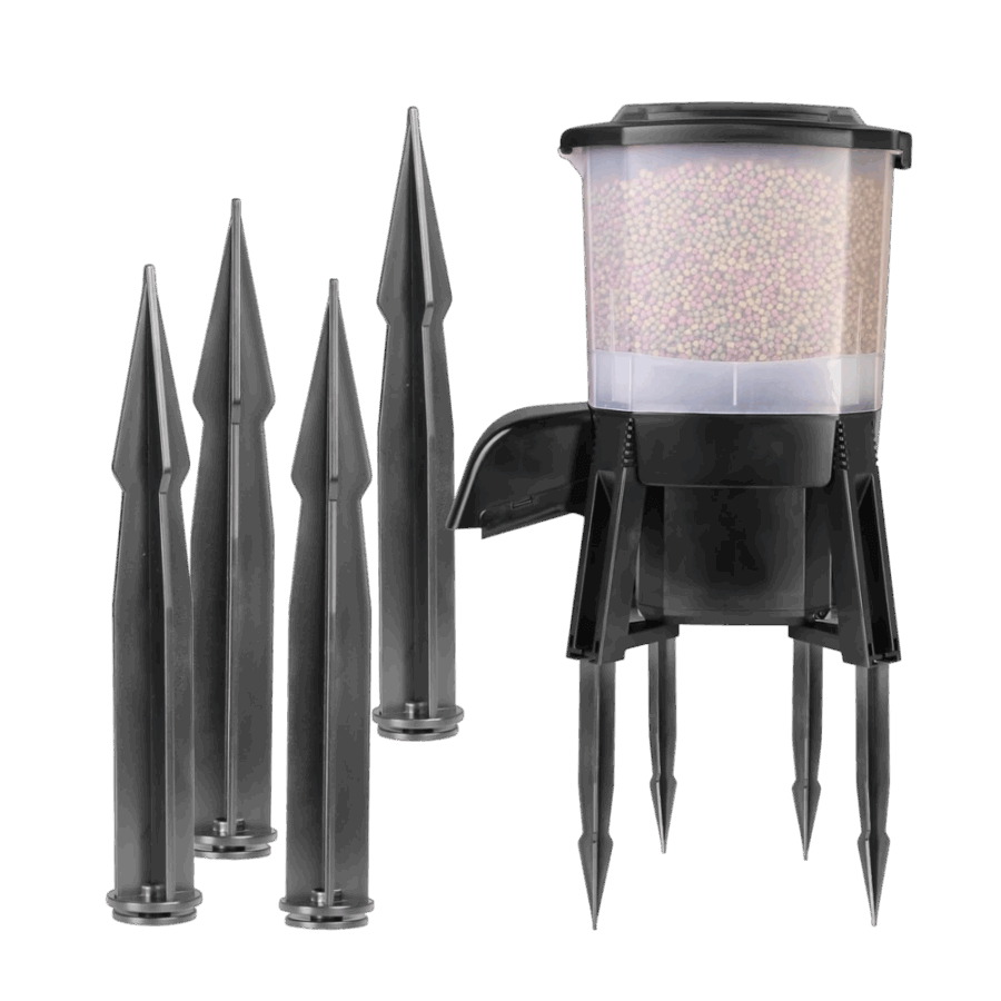 Grech Solar Auto Pond Fish Feeder with stakes, designed for reliable and adjustable fish feeding in ponds.