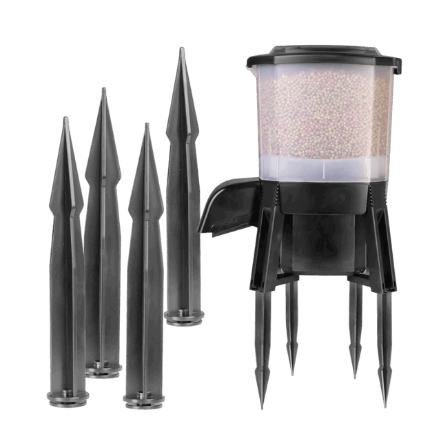 Grech Solar Auto Pond Fish Feeder with stakes, designed for reliable and adjustable fish feeding in ponds.