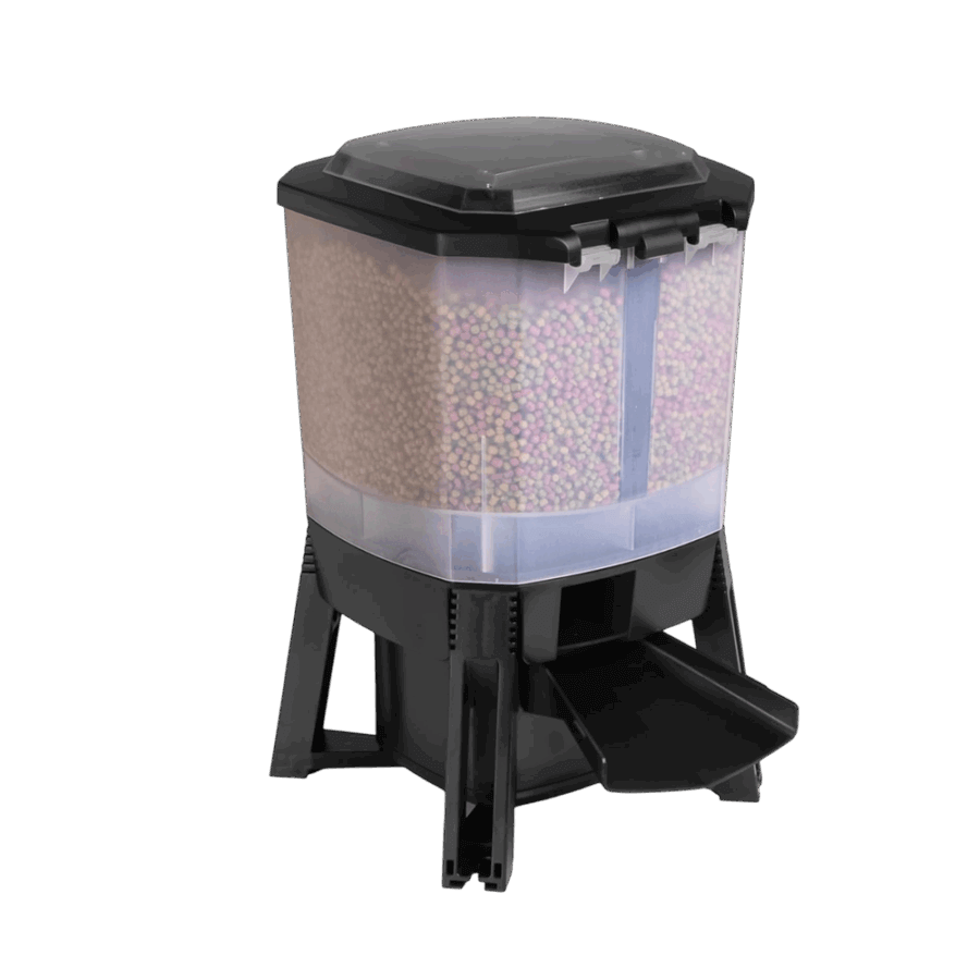 Grech Solar Auto Pond Fish Feeder with large transparent dispenser and adjustable feeding hatch.