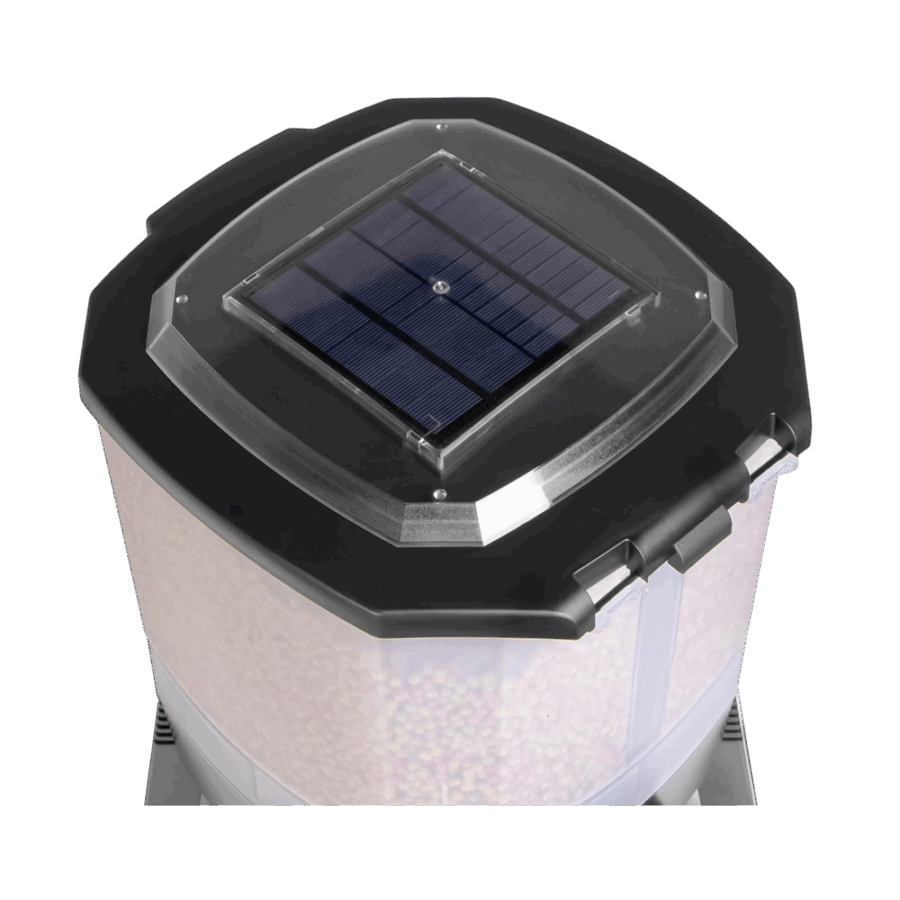 Grech Solar Auto Pond Fish Feeder with solar panel on top and transparent food storage container.