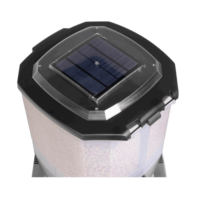 Grech Solar Auto Pond Fish Feeder with solar panel on top and transparent food storage container.