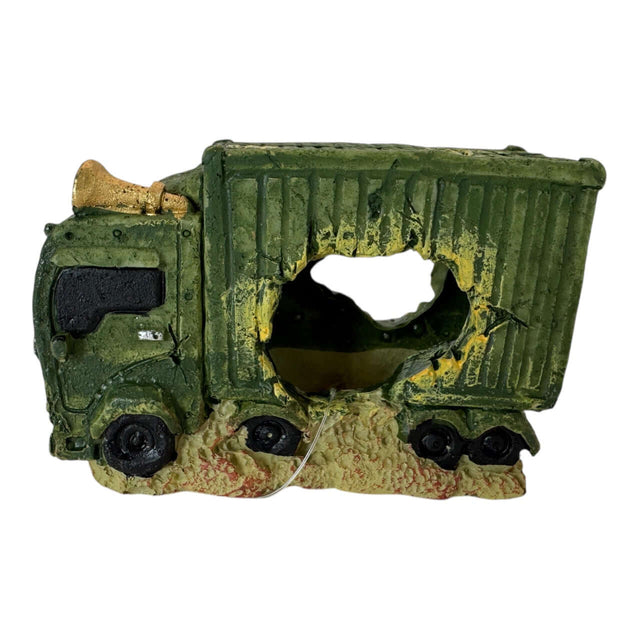 Detailed green wrecked military truck aquarium ornament with realistic aging and central cavity.