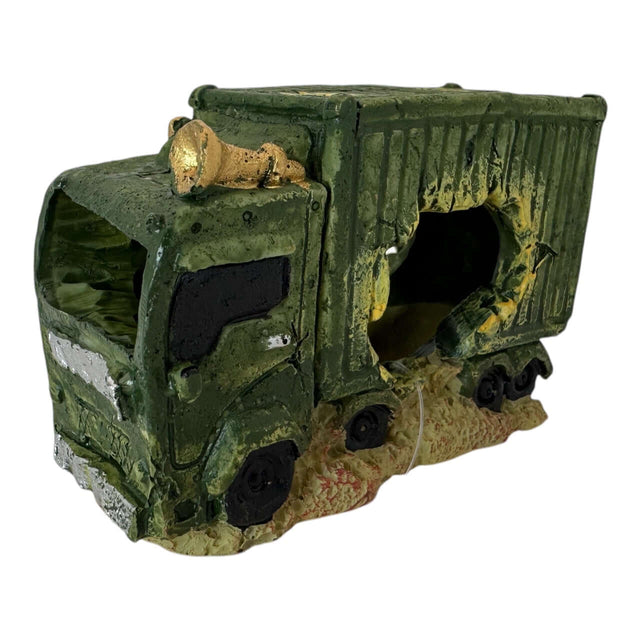Green truck aquarium ornament made of resin, featuring realistic weathering and a damaged design for aquatic setups.