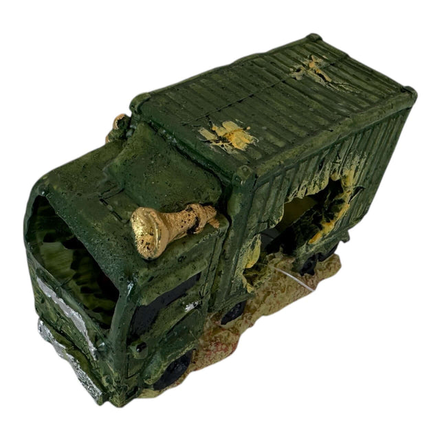Green truck aquarium ornament made of resin, featuring weathered details and a distressed appearance for aquatic setups.