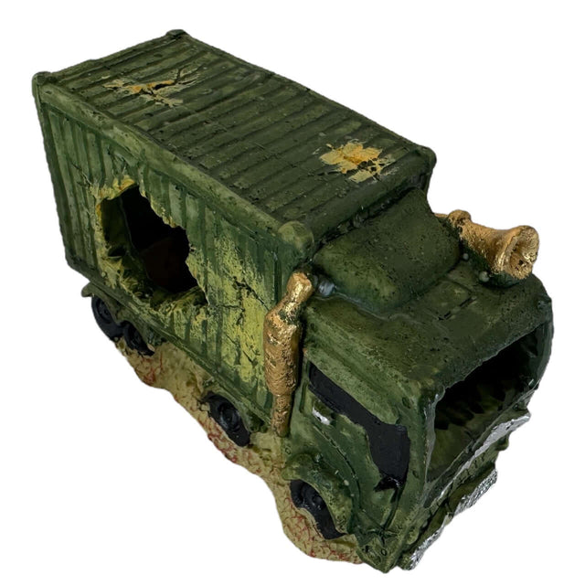 Green truck aquarium ornament featuring weathered texture and realistic damage for aquatic setups.