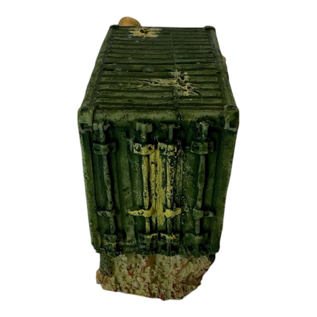 Green truck aquarium ornament with textured, weathered surfaces for realistic aquatic decor.