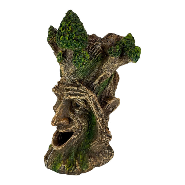 Hands Up Tree Monster Aquarium Ornament with whimsical tree face and green foliage, perfect decor for aquariums.