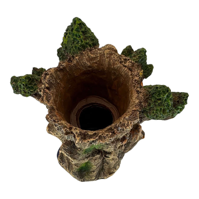 Top view of Hands Up Tree Monster Aquarium Ornament, showcasing its detailed bark texture and mossy green accents.