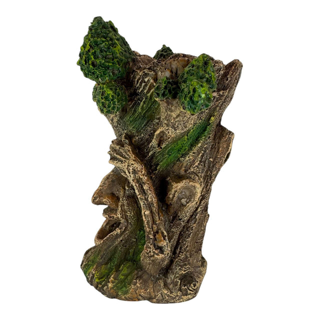 Hands Up Tree Monster Aquarium Ornament in earthy tones, detailed bark texture with green foliage, perfect for aquatic decor.