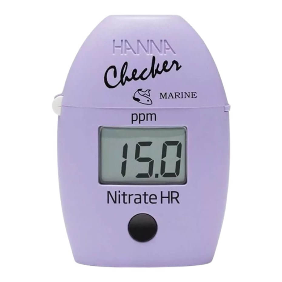 Hanna HI782 Nitrate High Range Colorimeter displaying 15.0 ppm for marine water testing.