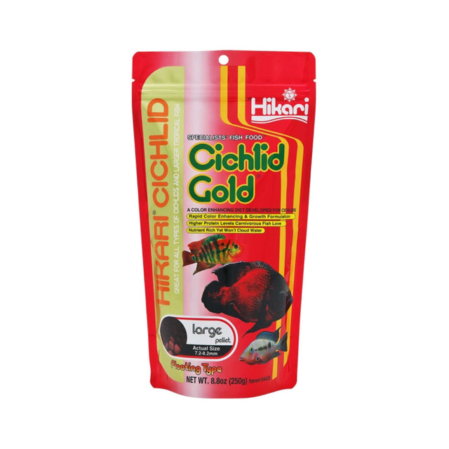 Hikari Cichlid Gold 250g fish food package, color-enhancing diet for cichlids and tropical fish.