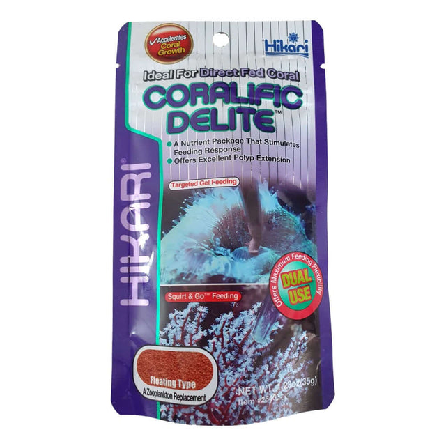Hikari Marine Coralific Delite 35g packaging showcasing targeted gel feeding and nutrient-rich coral diet.