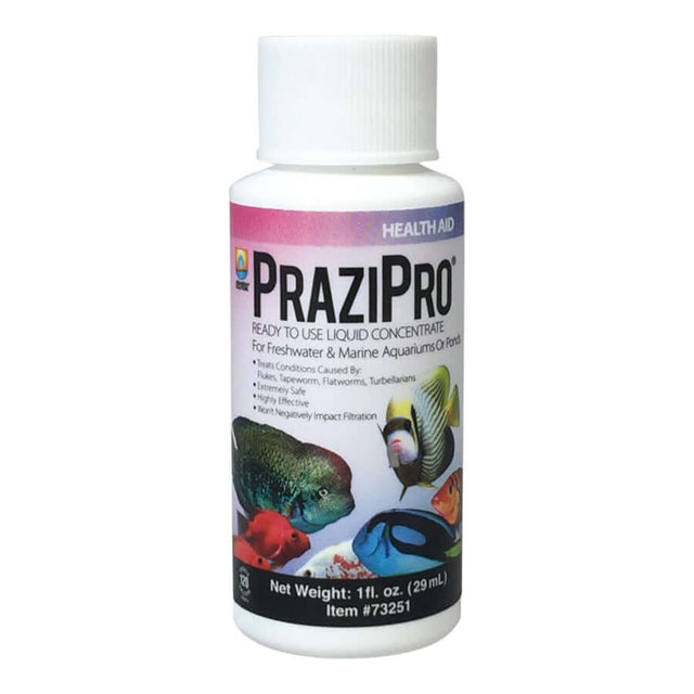 Hikari PraziPro liquid concentrate bottle for controlling aquarium and pond parasites, safe for freshwater and marine environments.