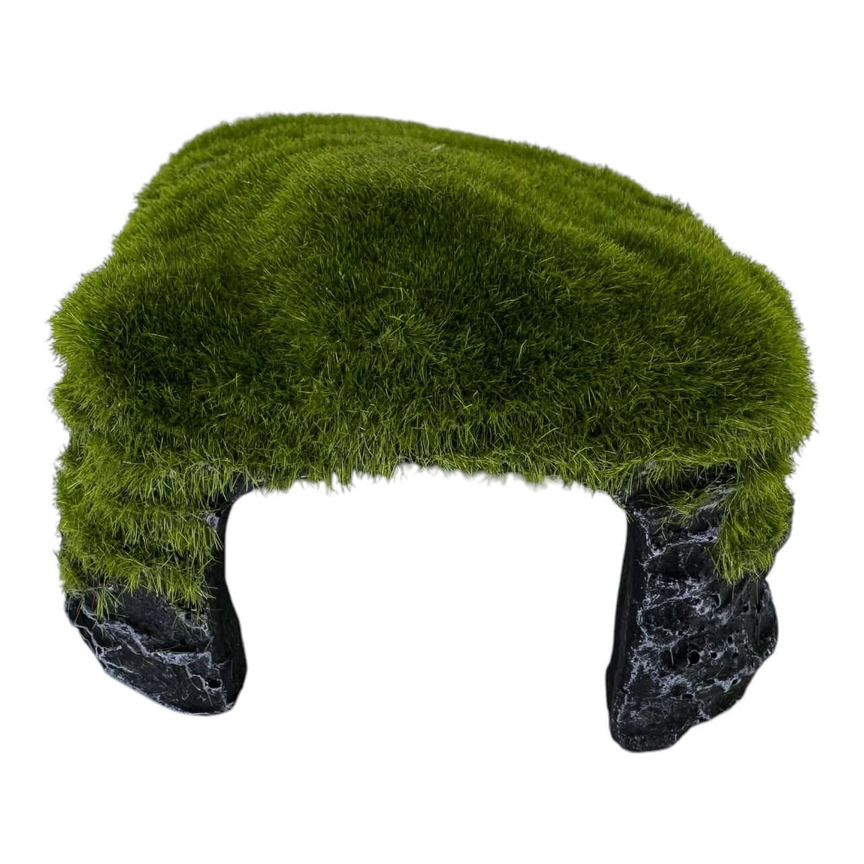 Miniature hill slope aquarium ornament covered in vibrant green moss and black rocky base.