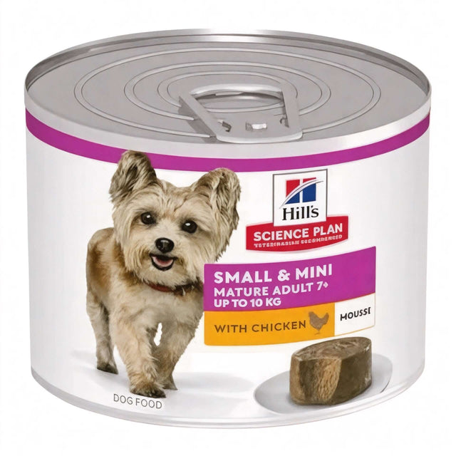 Hill's Science Plan Mature Adult Small & Mini Wet Dog Food Chicken Mousse can for small dogs aged 7 and older.