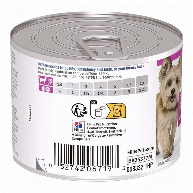 Hill's Science Plan Mature Adult Small & Mini Wet Dog Food Chicken Mousse can with nutritional information and image of a small dog.