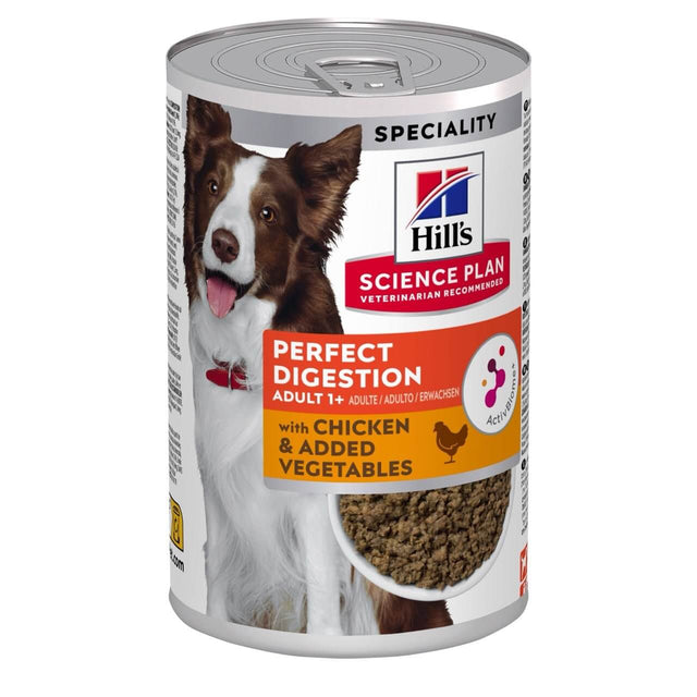 Hill's Science Plan Perfect Digestion adult canned dog food with chicken and added vegetables, promoting digestive health.