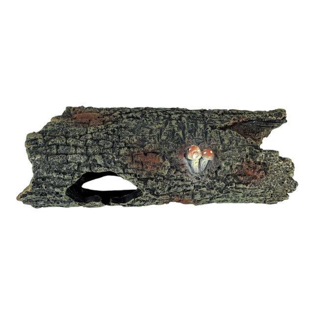 Hollow Tree Trunk Aquarium Ornament with realistic bark and mushrooms, ideal for aquariums and terrariums.