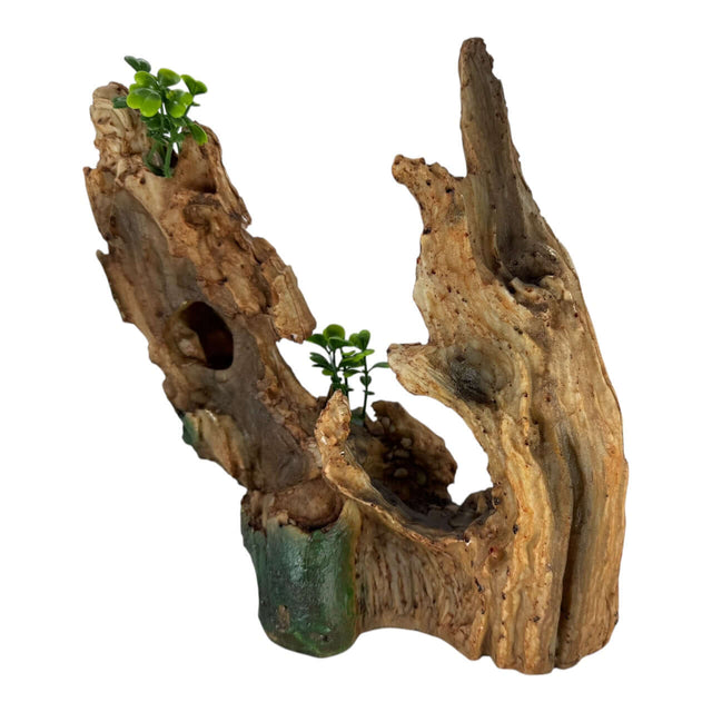 Hollow Tree Trunk Aquarium Ornament with lush greenery for a natural driftwood look in aquariums.