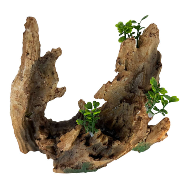 Hollow tree trunk aquarium ornament with lush greenery for a natural driftwood look.
