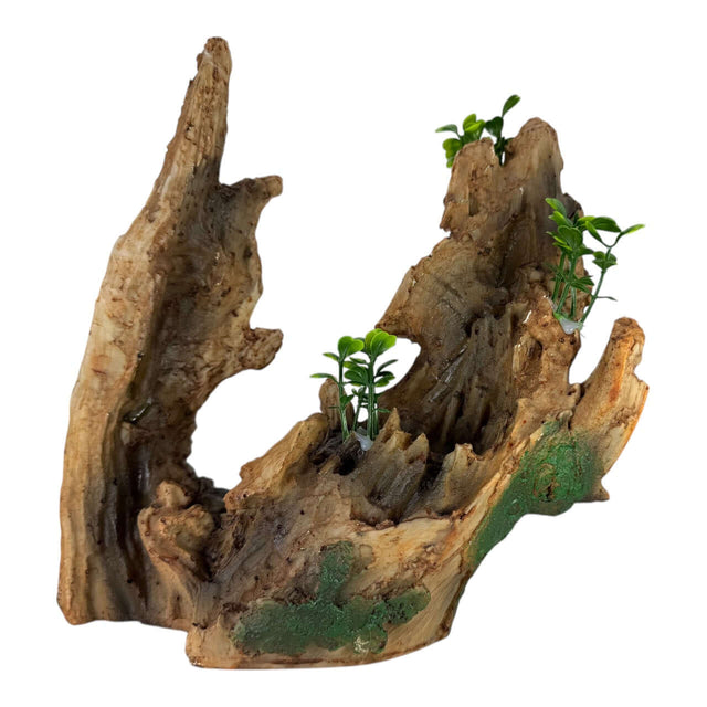 Hollow Tree Trunk Aquarium Ornament with realistic driftwood and lush green plants for aquarium decoration.