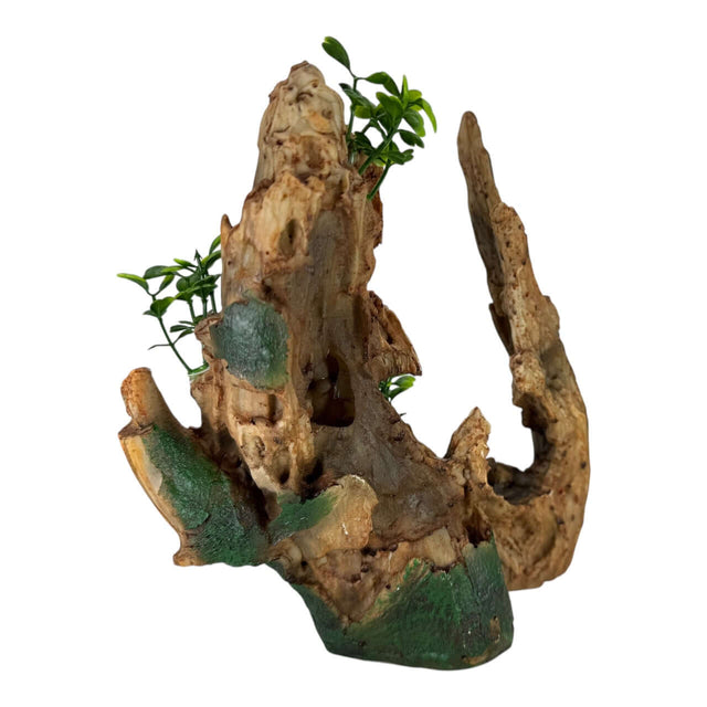 Hollow Tree Trunk Aquarium Ornament with lush greenery, resembling driftwood for natural aquarium decor.
