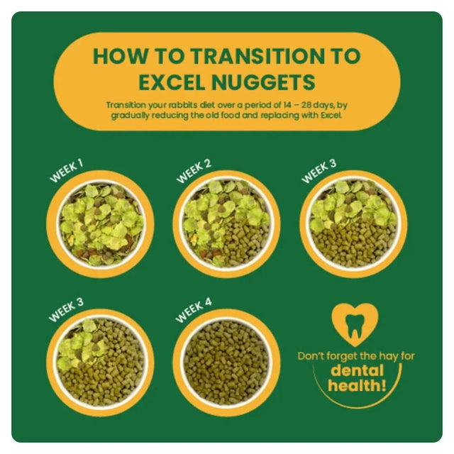 Infographic on transitioning rabbits to Excel Nuggets over 4 weeks, emphasizing gradual diet change for better health.