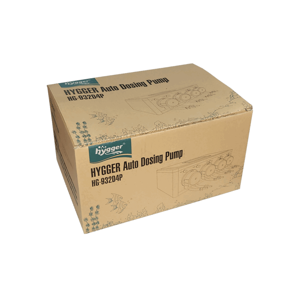 Hygger Aquarium Dosing Pump packaging box with product details and graphics.