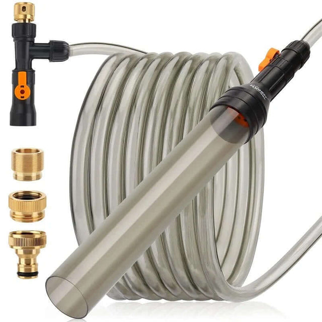 Hygger Auto Gravel Cleaner components including a gravel tube, hose, and fittings for efficient aquarium cleaning.