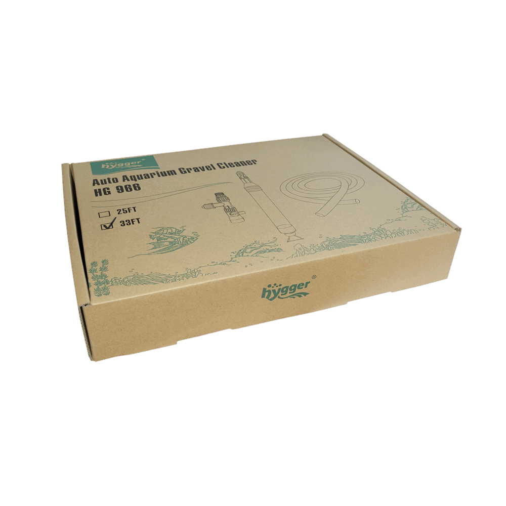 Hygger Auto Gravel Cleaner packaging box with siphon hose and accessories for aquarium maintenance.