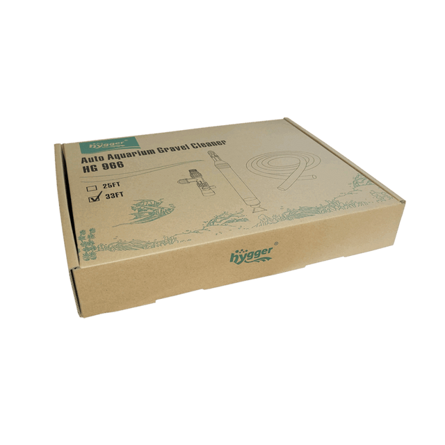 Hygger Auto Gravel Cleaner packaging box with siphon hose and accessories for aquarium maintenance.