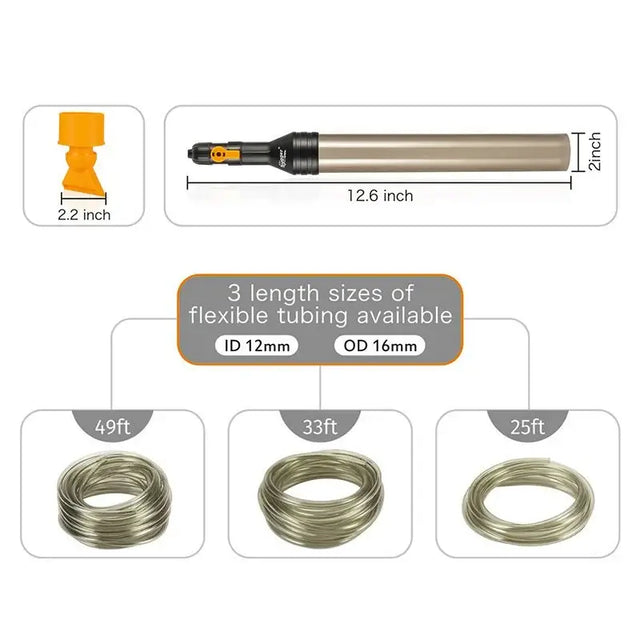 Hygger Auto Gravel Cleaner parts showcasing flexible tubing sizes and measurements for effective aquarium cleaning.