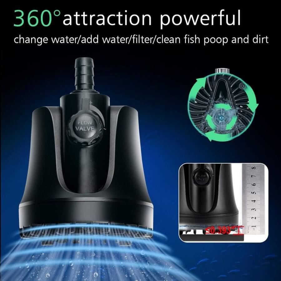 Hygger Bottom Intake Pump with 360° attraction for changing water, filtering, and cleaning in aquariums and ponds.