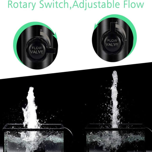 Adjustable flow rotary switch for Hygger bottom intake pump showing low and high water flow in aquarium setup.
