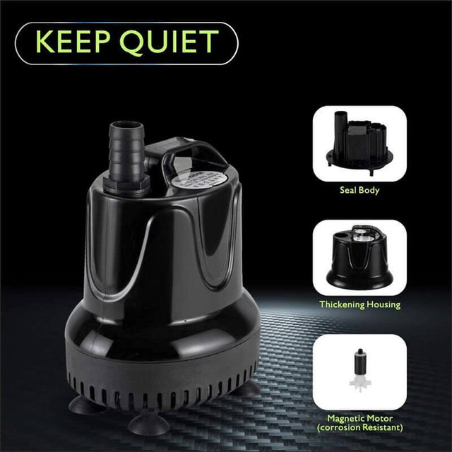 Hygger Bottom Intake Pump with quiet operation features, including seal body, thickening housing, and magnetic motor.