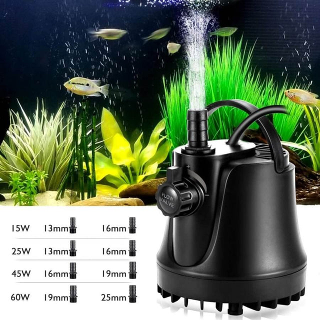 Hygger Bottom Intake Pump with flow valve, ideal for aquariums, fountains, and ponds, showcasing water circulation and cleaning functions.