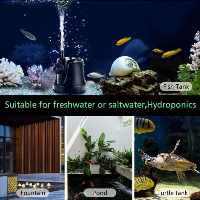 Hygger Bottom Intake Pump shown in fish tank, fountain, pond, and turtle tank for versatile water applications.