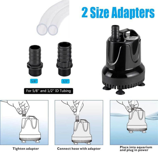 Hygger Bottom Intake Pump showing two size adapters for 5/8" and 1/2" ID tubing, ideal for aquarium setups.