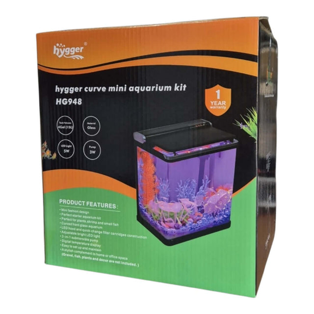 Hygger Curve Mini Betta Aquarium kit packaging with product features, showcasing modern aquarium design for small spaces.