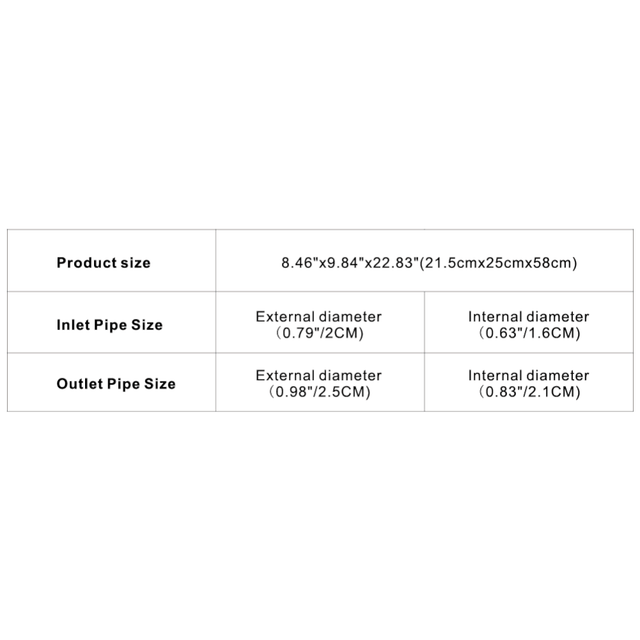 Product size and pipe dimensions for Hygger Fish Waste Collector Red, including inlet and outlet measurements.