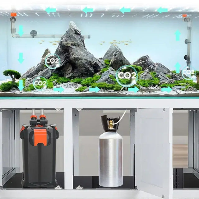 Hygger Intelligent Canister Filter in an aquarium setup with CO2 system and lush aquatic plants.