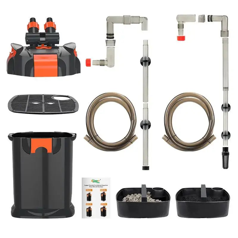 Hygger Intelligent Canister Filter parts including hoses, adapters, and filter baskets for easy installation.