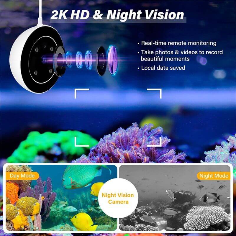 Hygger fish feeder camera showing 2K HD and night vision features for real-time monitoring of aquatic life.