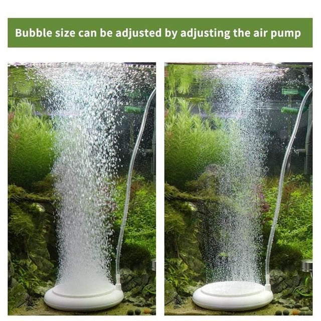 Hygger Nano Fine Bubble Air Stone demonstrating adjustable bubble sizes in aquarium setup with air pump connection.
