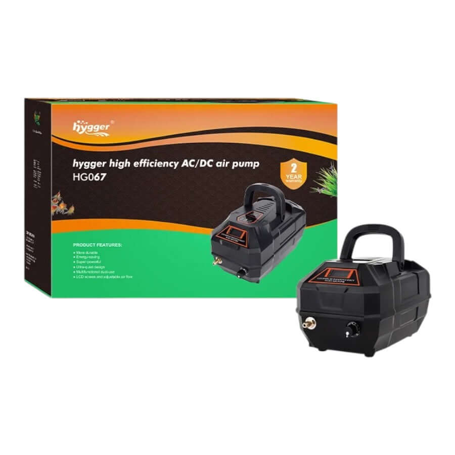 Hygger Portable Air Pump Kit in packaging, showcasing high efficiency AC/DC air pump features.