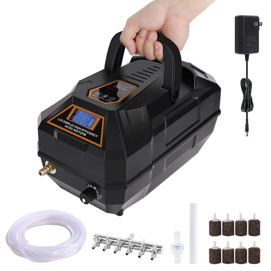 Hygger Portable Air Pump Kit with adjustable air volume, accessories, and whisper-quiet operation for oxygenating aquariums.