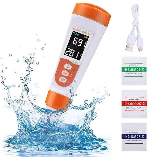Hygger Water Quality Meter displayed with water splash, showcasing LCD screen and included calibration solutions.
